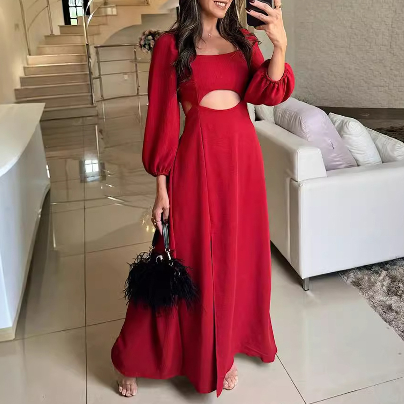 Elegant Square Neck Hollow Split Long Dress Spring Autumn Long Sleeved Solid Color Banquet Dress Sexy Slim Pleated Party Dresses