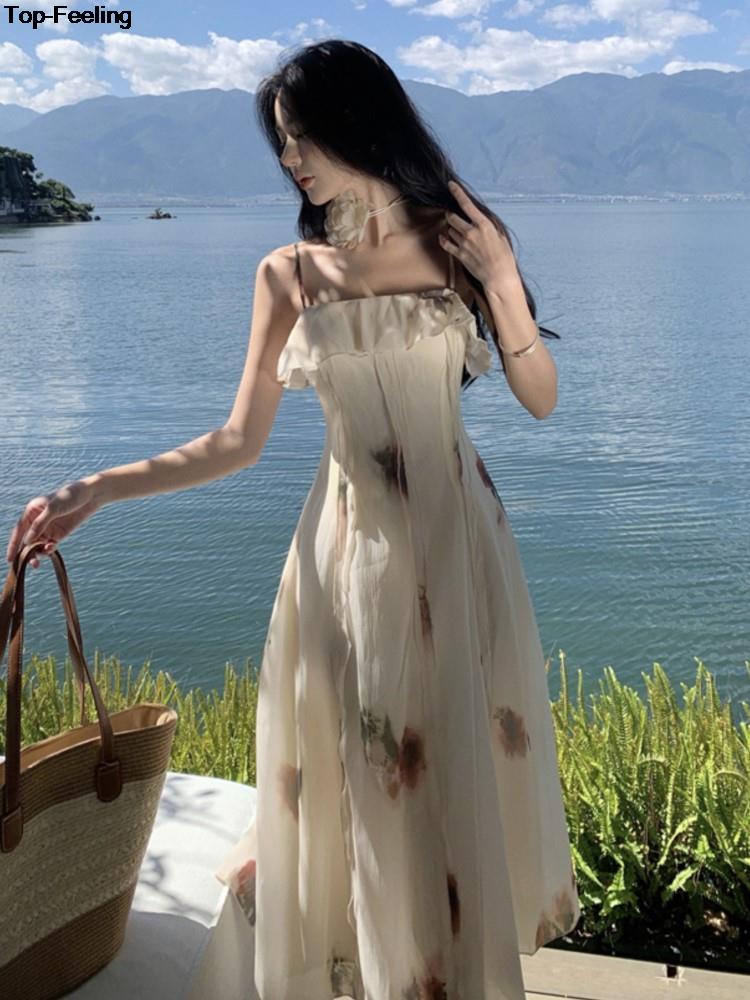 Elegant Ruffles Floral Midi Dresses Summer New Fashion Spaghetti Strap A-line Beach Vestidos Women Holiday Sundress Clothing