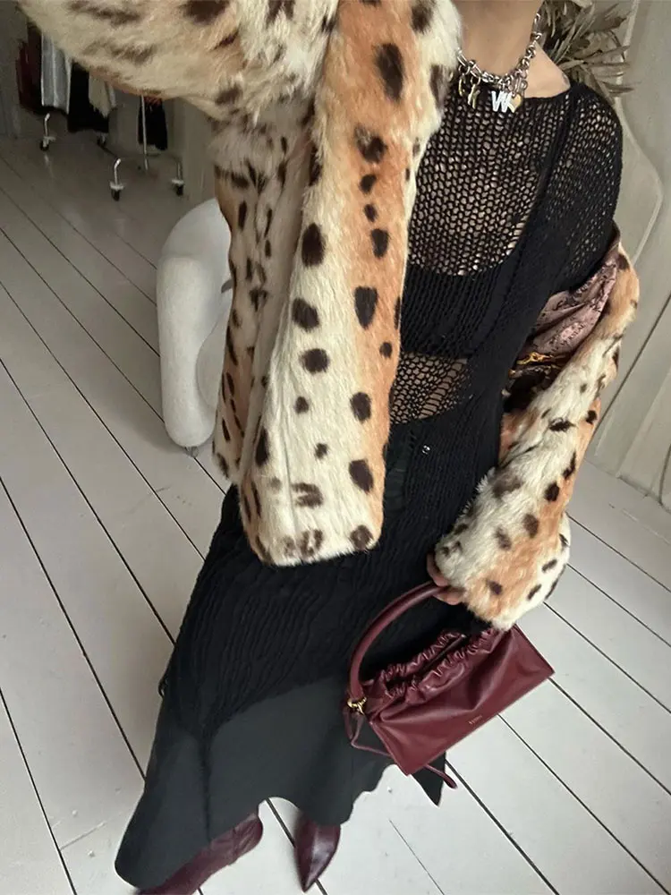 Autumn Winter Leopard Print Faux Fur Lapel Jacket Women Chic Long Sleeves Single Breasted Warm Coat 2024 Lady High Streetwear