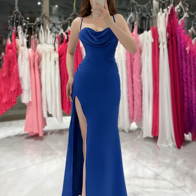 Fashion Bandage Backless Long Dress Elegant Pleated Slim Women's Party Dress 2024 Summer Sleeveless Suspenders High Split Dress