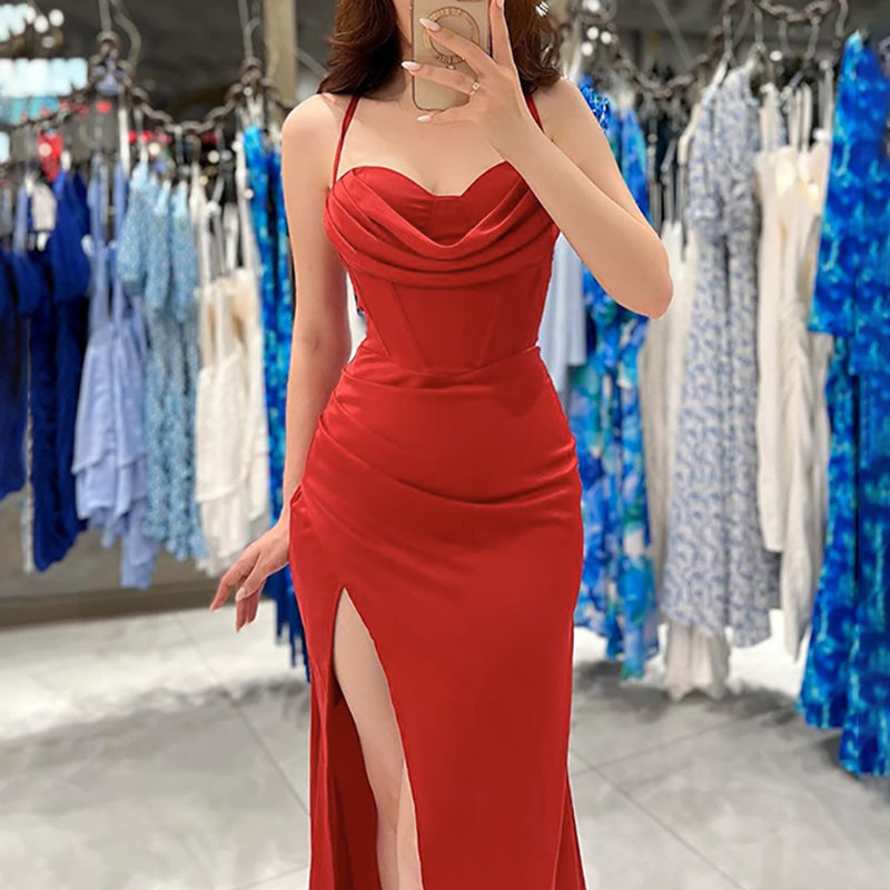 Fashion Bandage Backless Long Dress Elegant Pleated Slim Women's Party Dress 2024 Summer Sleeveless Suspenders High Split Dress