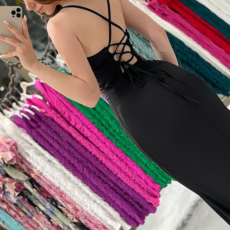 Fashion Bandage Backless Long Dress Elegant Pleated Slim Women's Party Dress 2024 Summer Sleeveless Suspenders High Split Dress