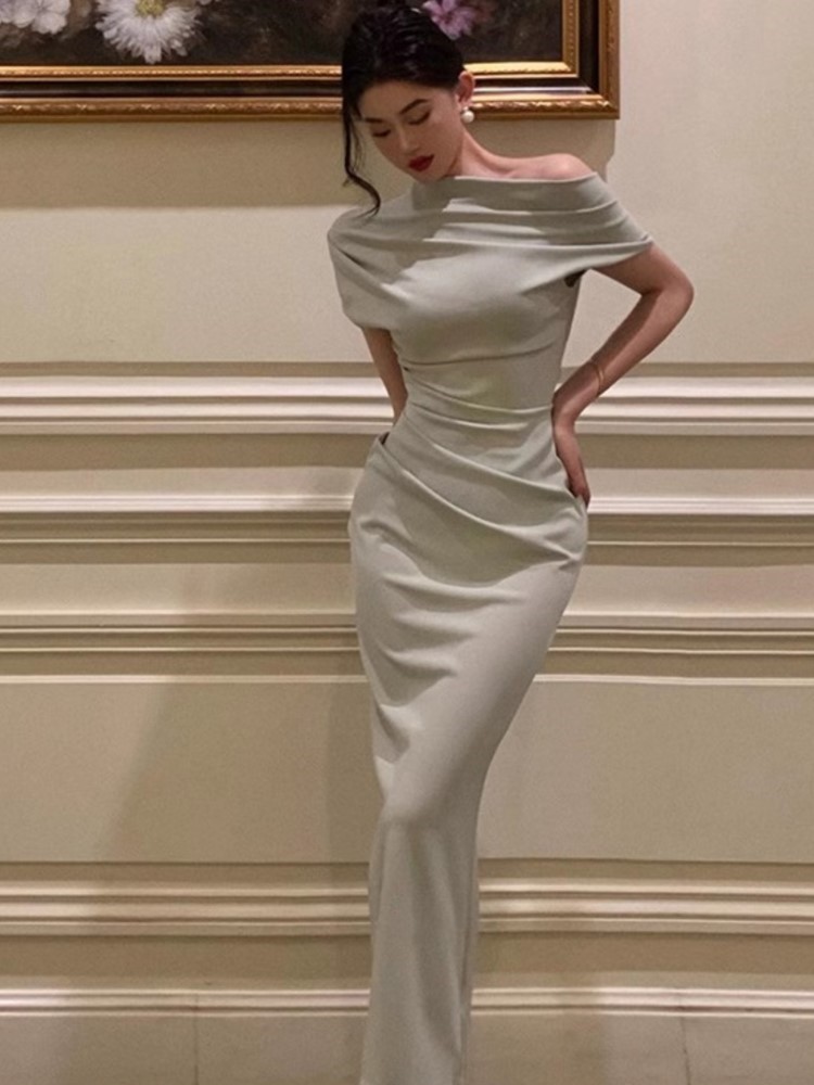 Elegant Off Shoulder Evening Party Dresses for Women Summer New Fashion Slim Solid Vestidos Korean Prom Robe Female Clothing