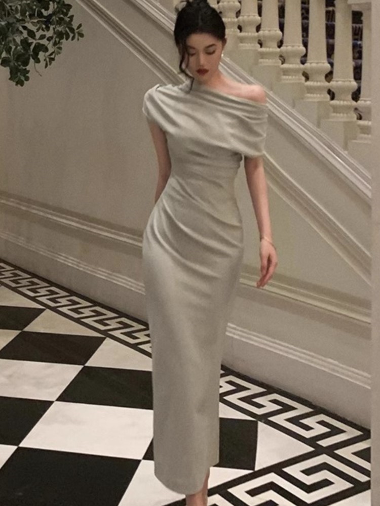 Elegant Off Shoulder Evening Party Dresses for Women Summer New Fashion Slim Solid Vestidos Korean Prom Robe Female Clothing