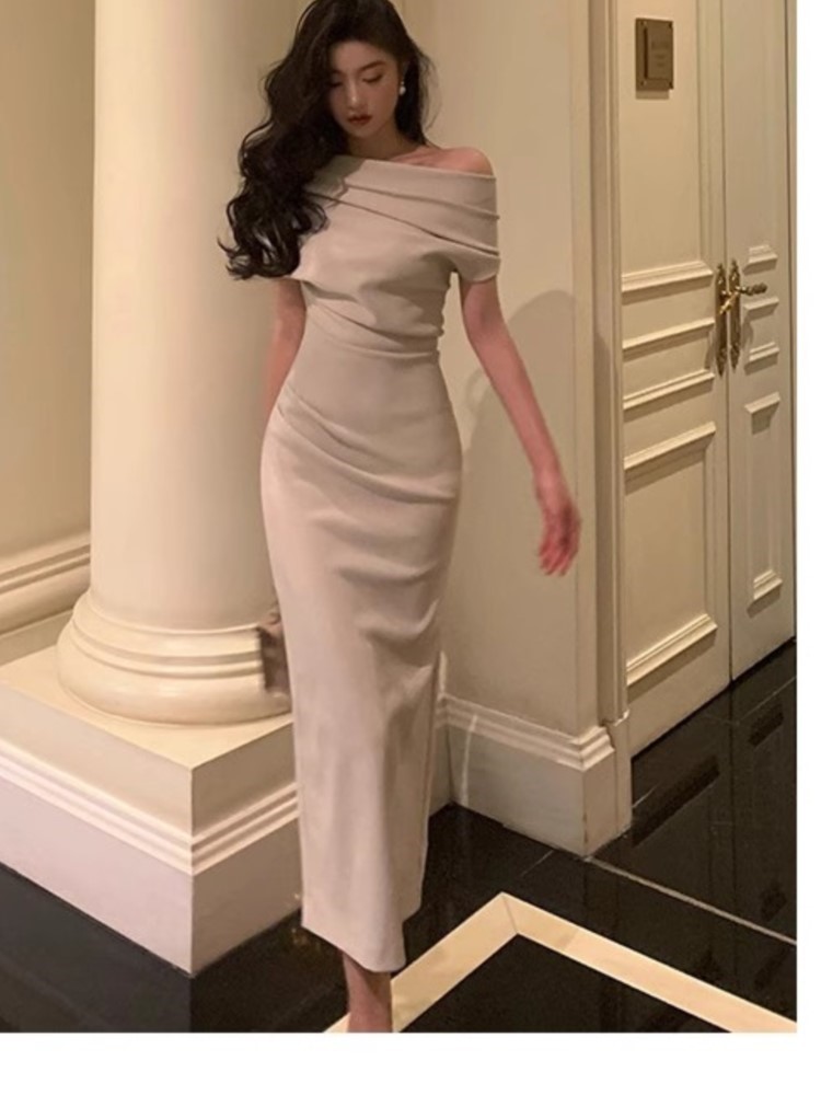 Elegant Off Shoulder Evening Party Dresses for Women Summer New Fashion Slim Solid Vestidos Korean Prom Robe Female Clothing