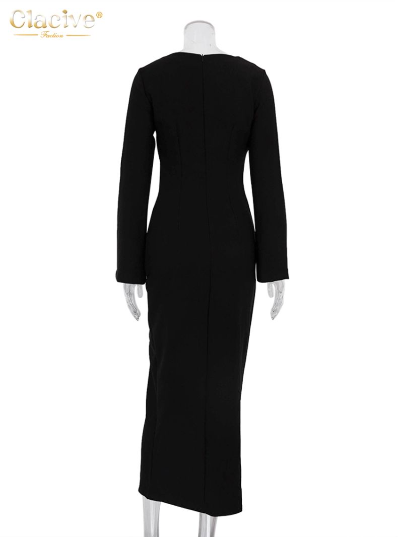 Clacive Fashion Slim Black Women'S Dress Sexy Irregular Long Sleeve Ankle Length Dresses Elegant Slim Zipper Slit Female Dress