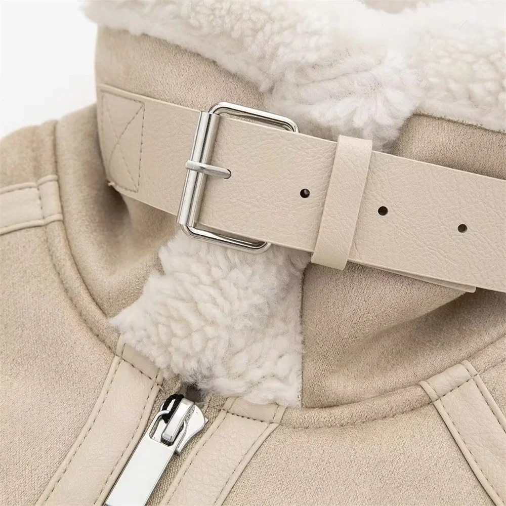 Suninheart 2023 Autumn and Winter New Women's Lamb Fleece Polo Collar Spliced Leather and Fur One Piece Double sided Jacket Coat