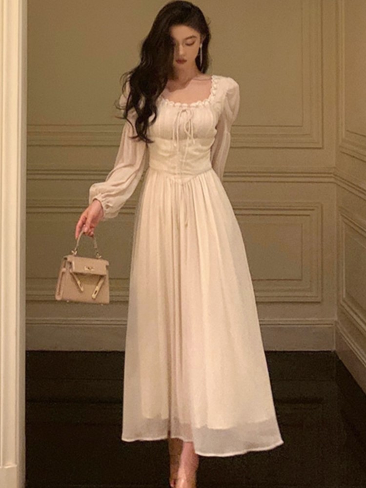 Elegant Square Collar Lace Dress Princess Evening Party Midi Dresses Women Autumn High Waist A-line Prom Robe One Piece Vestidos