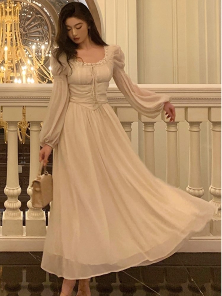 Elegant Square Collar Lace Dress Princess Evening Party Midi Dresses Women Autumn High Waist A-line Prom Robe One Piece Vestidos