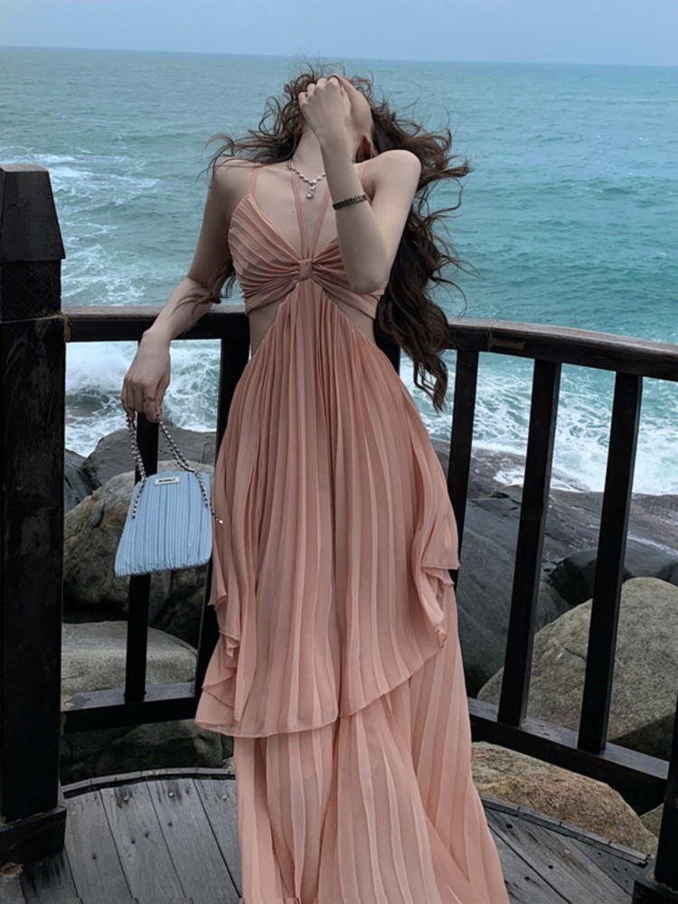 Summer New Fashion Women Sexy Pleated Boho Long Dress Vacation Beach Strap A line Ladies Robe 2023 Sundress