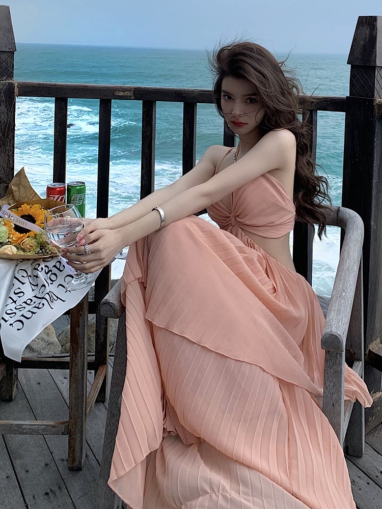 Summer New Fashion Women Sexy Pleated Boho Long Dress Vacation Beach Strap A line Ladies Robe 2023 Sundress