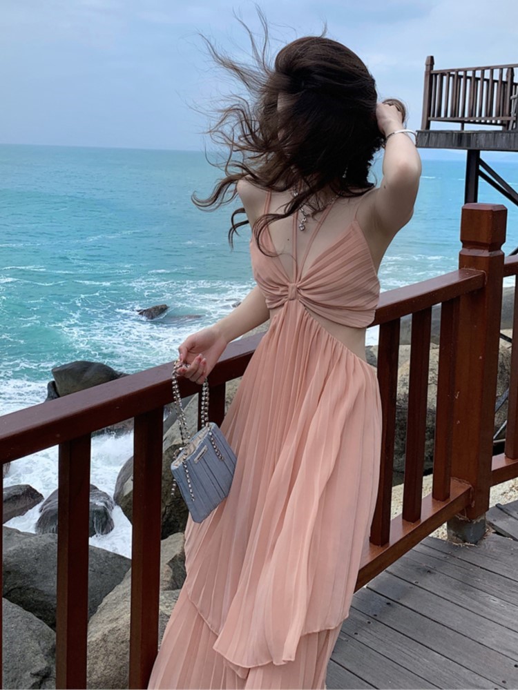 Summer New Fashion Women Sexy Pleated Boho Long Dress Vacation Beach Strap A line Ladies Robe 2023 Sundress