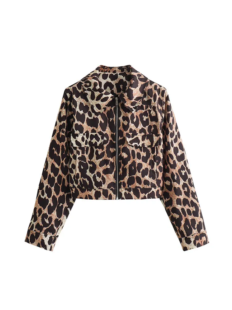 2024 Autumn New Leopard Print Lapel Zipper Jacket Women Fashion Pockets Long Sleeves Short Coat Chic Lady Streetwear Coats