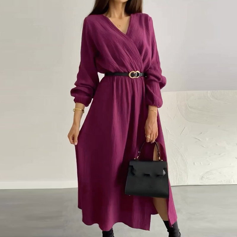 Vintage Solid Color V Neck Waist Commuter Dress Women Elegant Long Sleeved Pleated Party Dress Autumn Casual Split Long Dresses