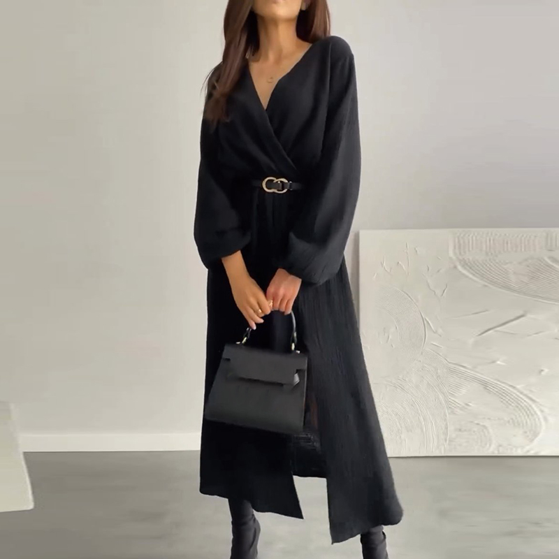 Vintage Solid Color V Neck Waist Commuter Dress Women Elegant Long Sleeved Pleated Party Dress Autumn Casual Split Long Dresses