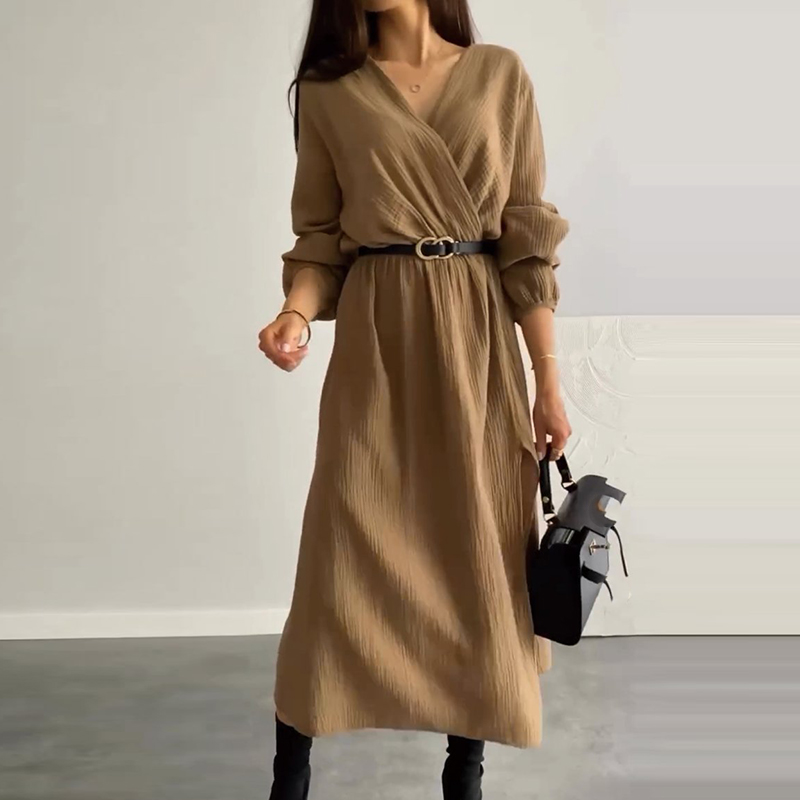 Vintage Solid Color V Neck Waist Commuter Dress Women Elegant Long Sleeved Pleated Party Dress Autumn Casual Split Long Dresses