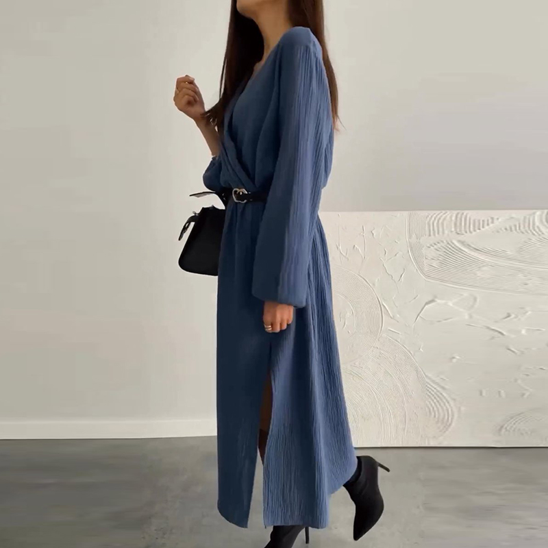 Vintage Solid Color V Neck Waist Commuter Dress Women Elegant Long Sleeved Pleated Party Dress Autumn Casual Split Long Dresses