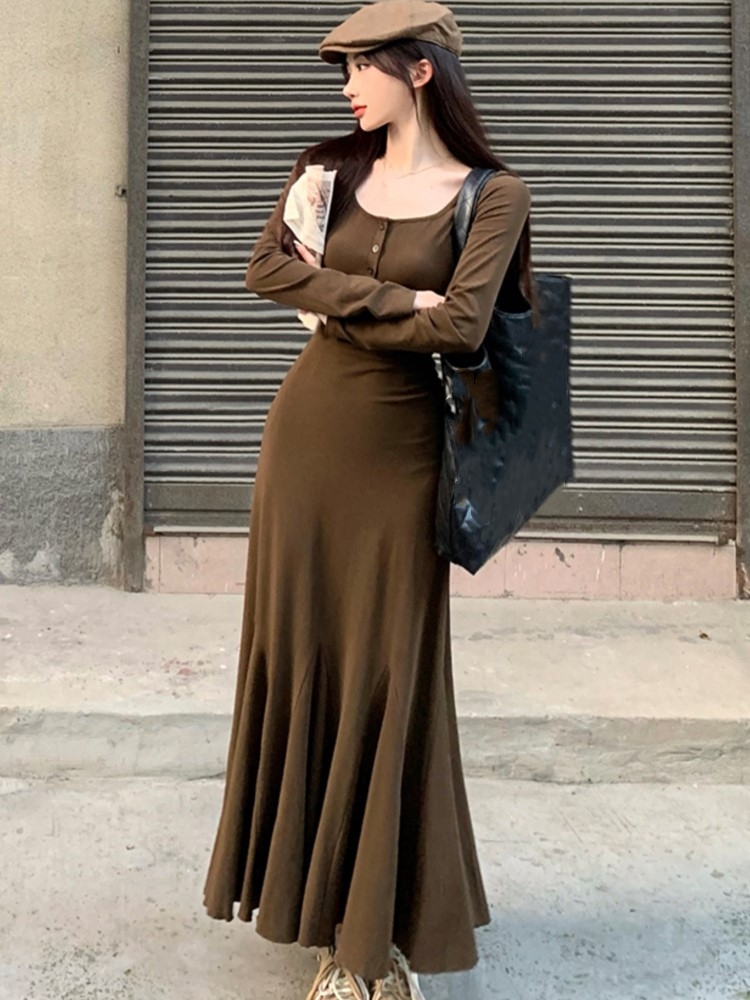 Sexy Solid Long Dresses For Women Long Sleeve U-neck Bodycon Mermaid Autumn Spring Korean Fashion Party Dress Prom Robe Vestidos