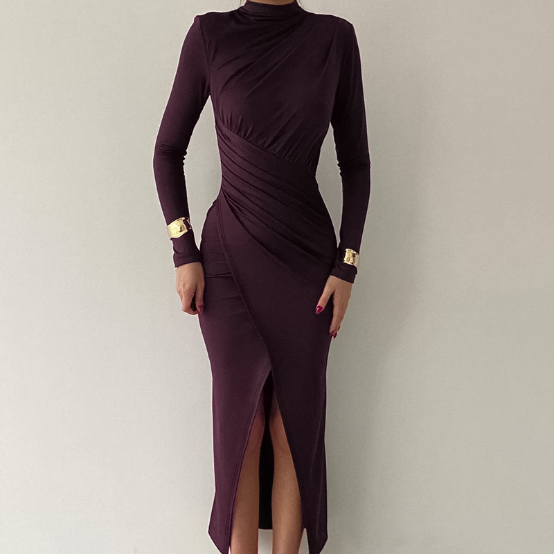 Autumn Vintage Half High Collar Pleated Office Dress New 2024 Women Elegant Long Sleeved Split Party Dress Sexy Slim Robe Dress