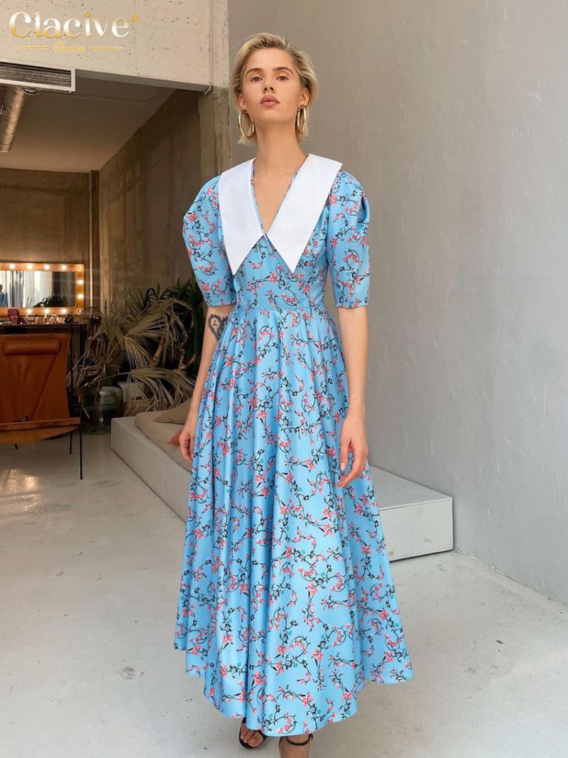 Clacive Fashion Flower Print Women Dresses 2023 Elegant Lapel Short Sleeve High Waist Office Ankle-Length Dress Female Clothing