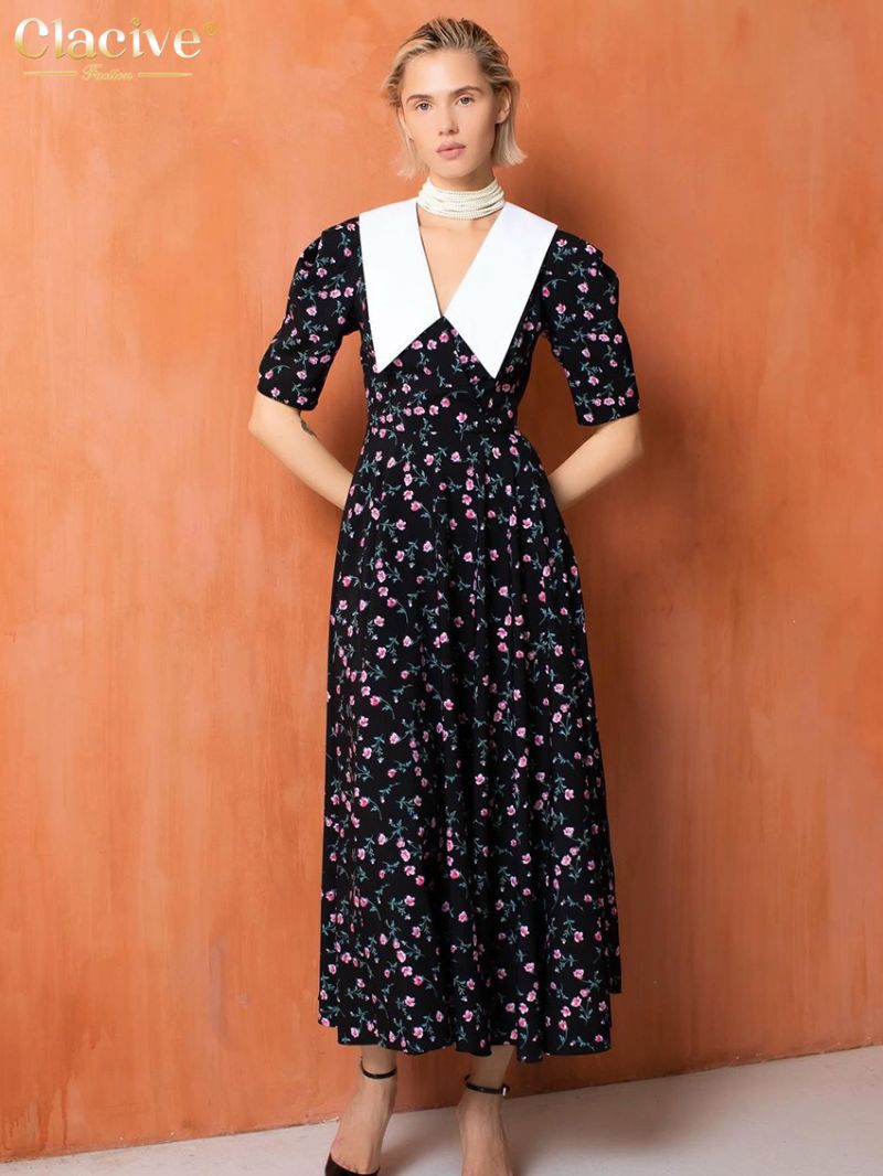 Clacive Fashion Flower Print Women Dresses 2023 Elegant Lapel Short Sleeve High Waist Office Ankle-Length Dress Female Clothing