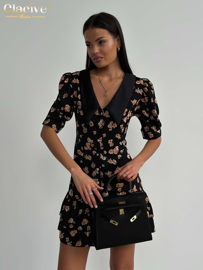 Clacive Summer Slim Print Women's Dress 2024 Fashion Lapel Short Sleeve Mini Dresses Elegant Classic Patchwork Female Dress