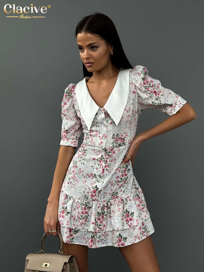 Clacive Summer Slim Print Women's Dress 2024 Fashion Lapel Short Sleeve Mini Dresses Elegant Classic Patchwork Female Dress