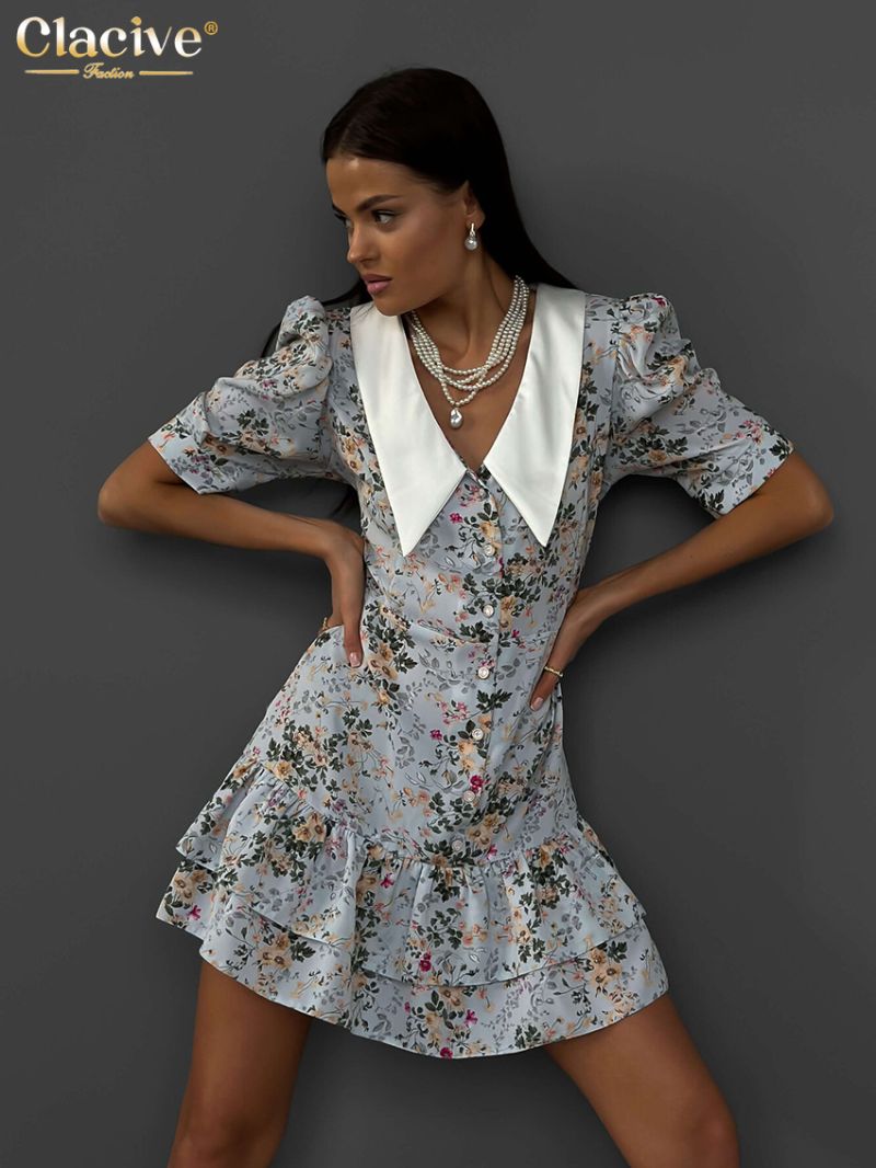 Clacive Summer Slim Print Women's Dress 2024 Fashion Lapel Short Sleeve Mini Dresses Elegant Classic Patchwork Female Dress