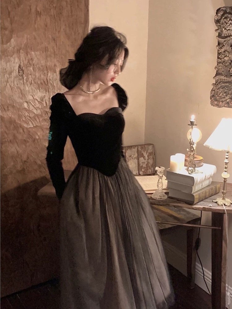 French Vintage Evening Party Dresses for Women Long Sleeve Velvet Patchwork Mesh A-line Autumn New One Piece Midi Vestidos Mujer