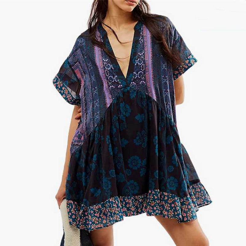 Summer Bohemian Print Loose Mini Dress Female Casual V-neck Short Sleeved Ruffle Dress Fashion High Waist Pocket Beach Dresses