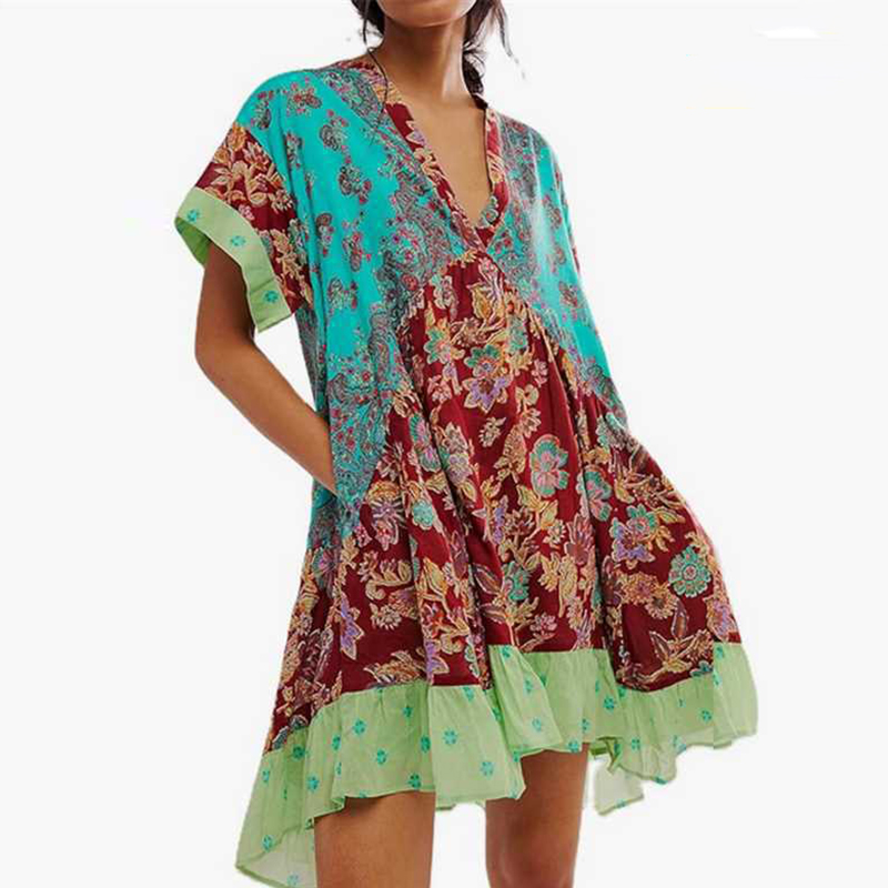 Summer Bohemian Print Loose Mini Dress Female Casual V-neck Short Sleeved Ruffle Dress Fashion High Waist Pocket Beach Dresses