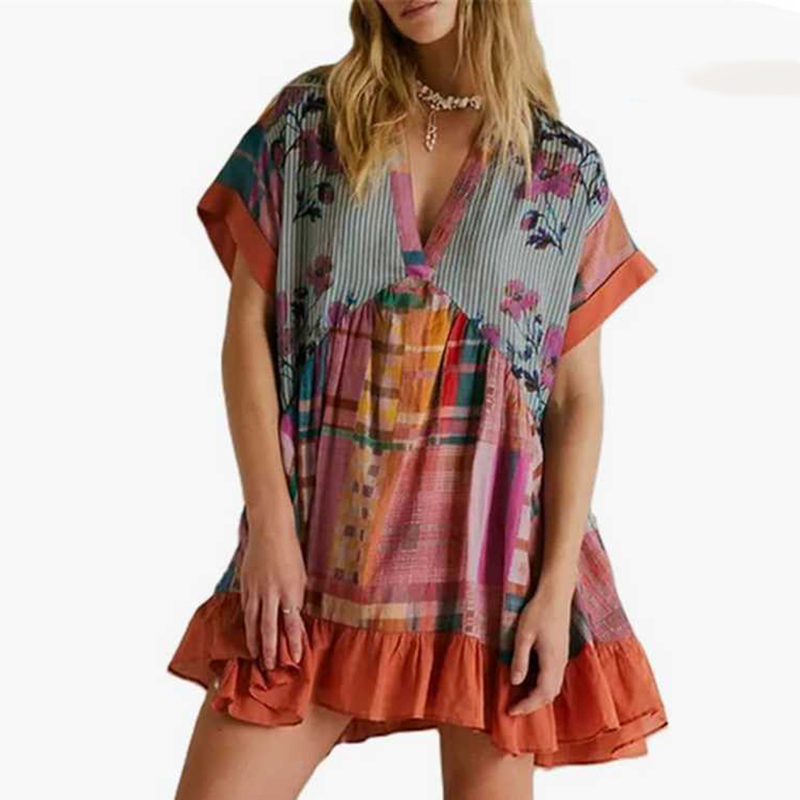 Summer Bohemian Print Loose Mini Dress Female Casual V-neck Short Sleeved Ruffle Dress Fashion High Waist Pocket Beach Dresses