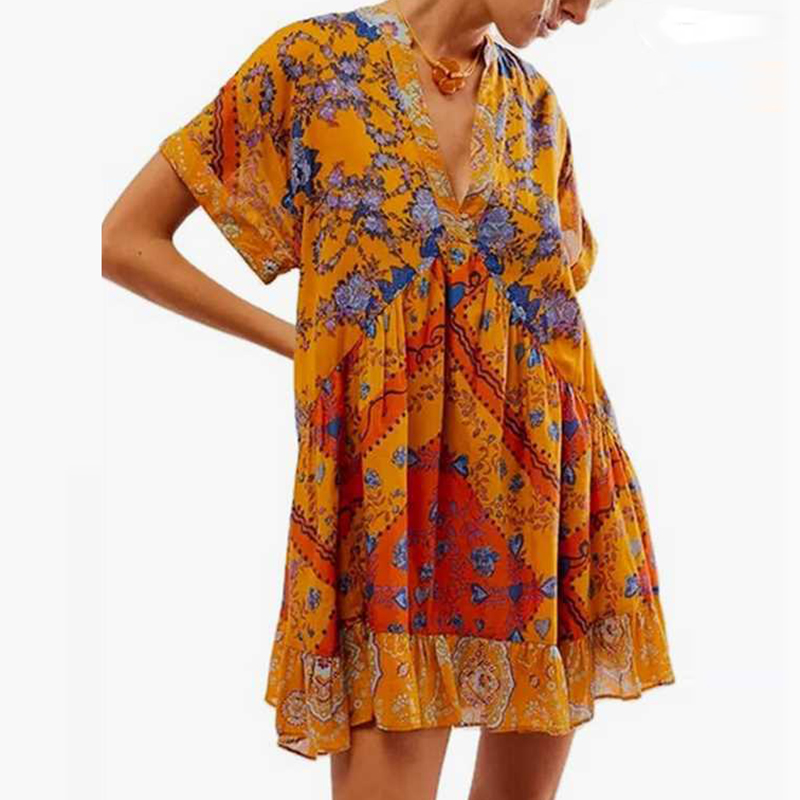 Summer Bohemian Print Loose Mini Dress Female Casual V-neck Short Sleeved Ruffle Dress Fashion High Waist Pocket Beach Dresses