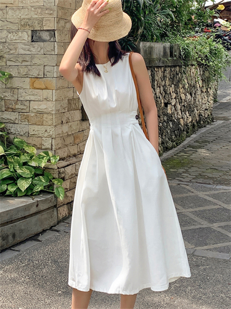 New Summer Women French Style Sleeveless Slim Dress Office Lady Fashion Chic Casual White Dress Vestdios