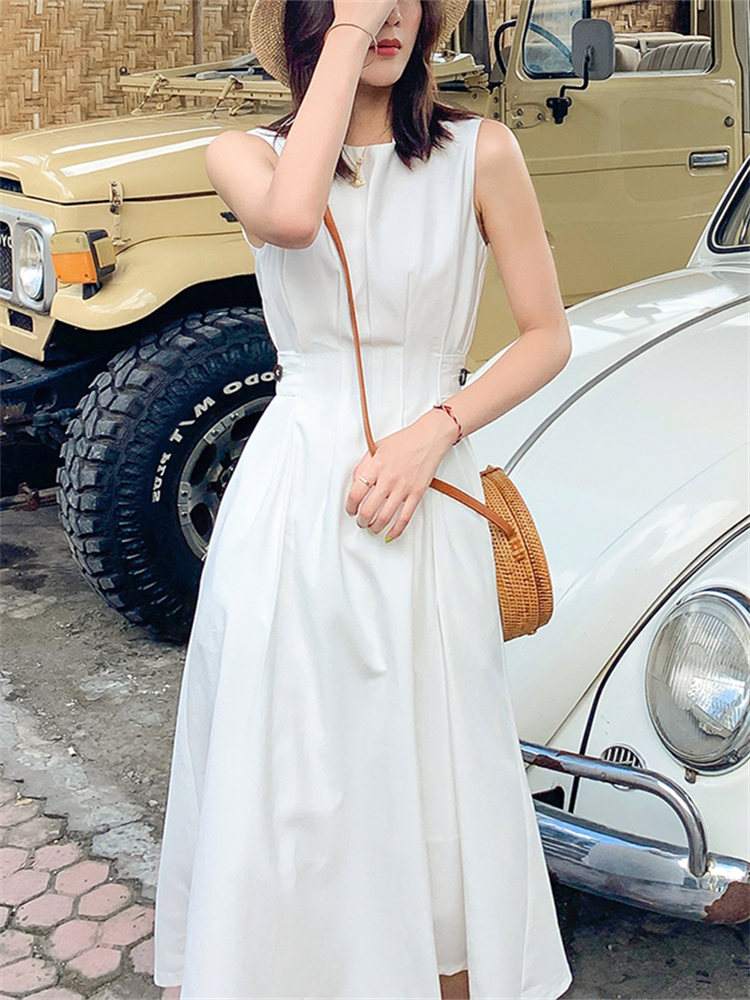 New Summer Women French Style Sleeveless Slim Dress Office Lady Fashion Chic Casual White Dress Vestdios