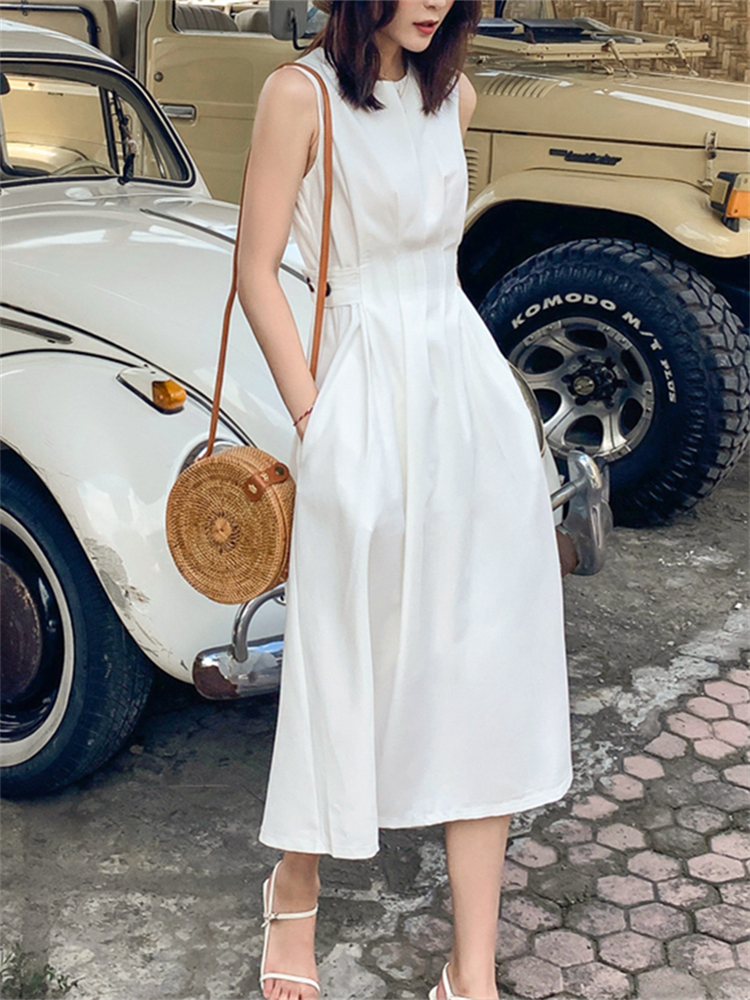 New Summer Women French Style Sleeveless Slim Dress Office Lady Fashion Chic Casual White Dress Vestdios