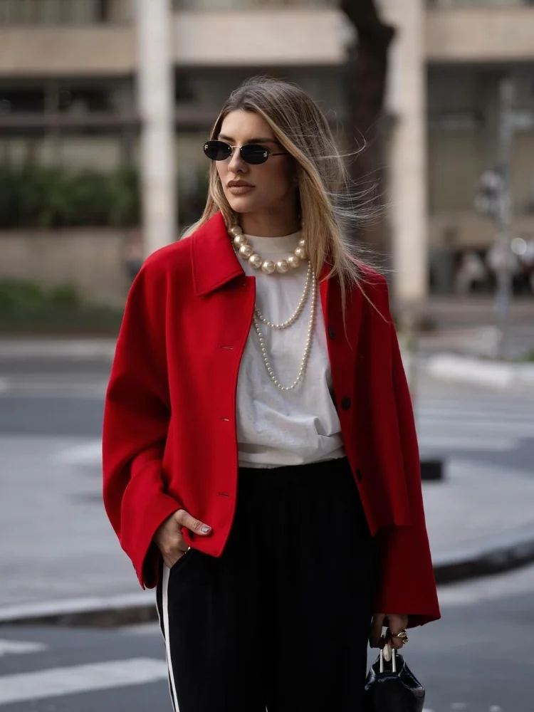 Autumn Women red Casual Woolen Single Breasted Jacket female Lapel Long Sleeve Slim Warm Overcoat 2024 Winter Lady Chic Coat