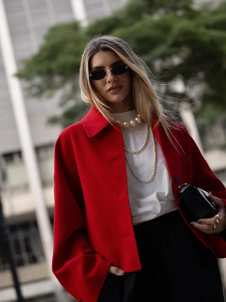 Autumn Women red Casual Woolen Single Breasted Jacket female Lapel Long Sleeve Slim Warm Overcoat 2024 Winter Lady Chic Coat