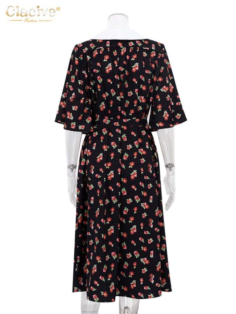 Clacive Summer Loose Print Women'S Dress 2023 Fashion Lapel Half Sleeve Midi Dresses Elegant Single Breasted Slit Female Dress