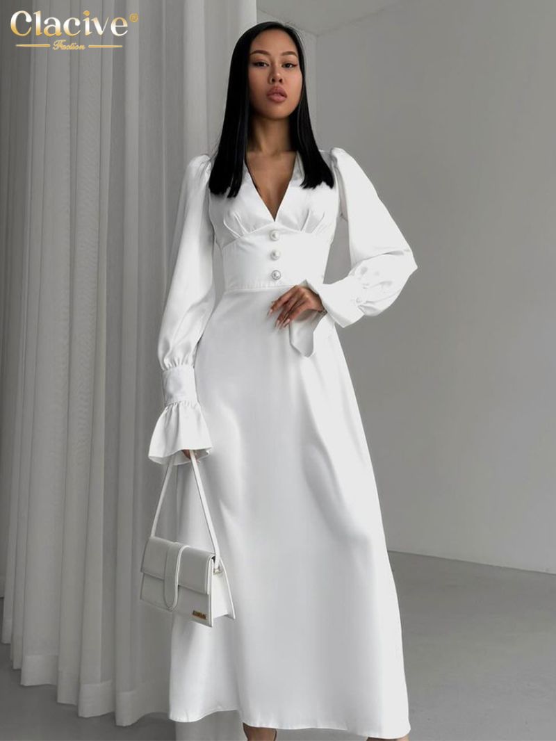 Clacive Fashion Loose White Satin Women's Dress Casual V-Neck Long Sleeve Ankle Length Dresses Elegant High Waist Feamle Dress