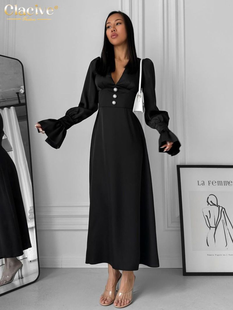 Clacive Fashion Loose White Satin Women's Dress Casual V-Neck Long Sleeve Ankle Length Dresses Elegant High Waist Feamle Dress