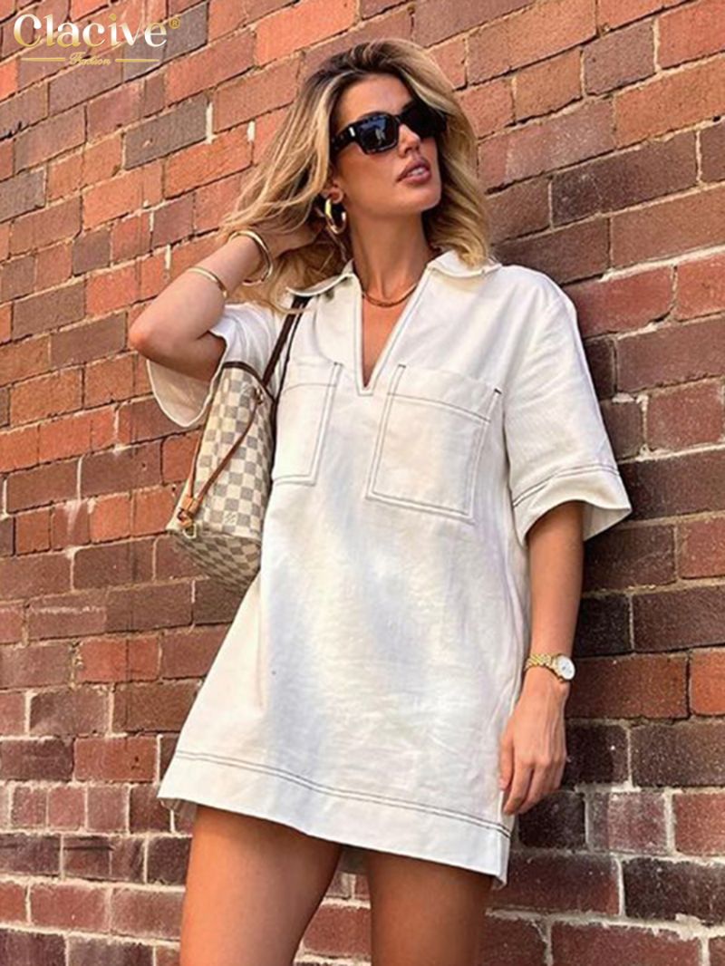 Clacive Fashion Loose White Cotton Women's Dress 2024 Summer Lapel Short Sleeve Mini Dresses Elegant Classic Solid Female Dress