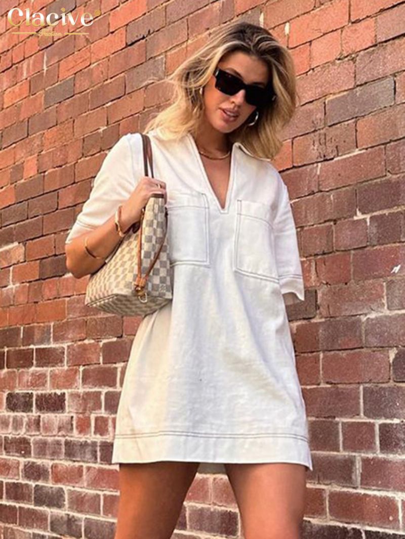 Clacive Fashion Loose White Cotton Women's Dress 2024 Summer Lapel Short Sleeve Mini Dresses Elegant Classic Solid Female Dress