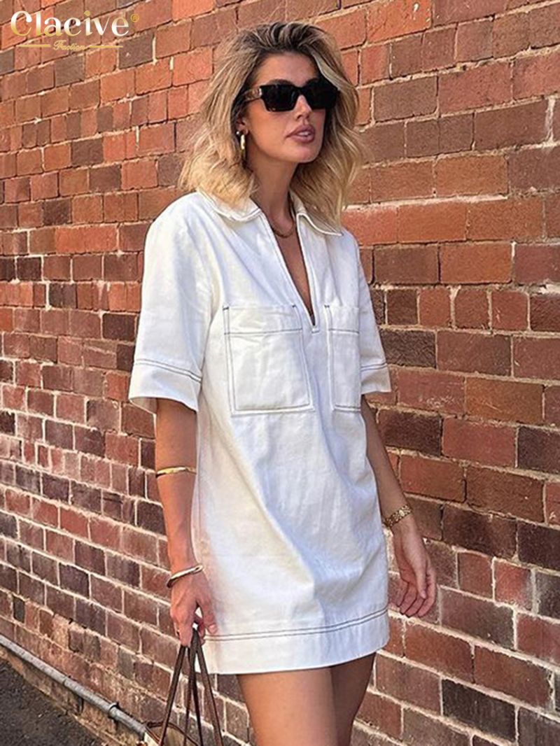 Clacive Fashion Loose White Cotton Women's Dress 2024 Summer Lapel Short Sleeve Mini Dresses Elegant Classic Solid Female Dress