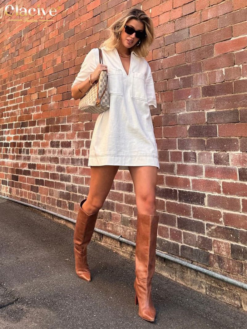 Clacive Fashion Loose White Cotton Women's Dress 2024 Summer Lapel Short Sleeve Mini Dresses Elegant Classic Solid Female Dress