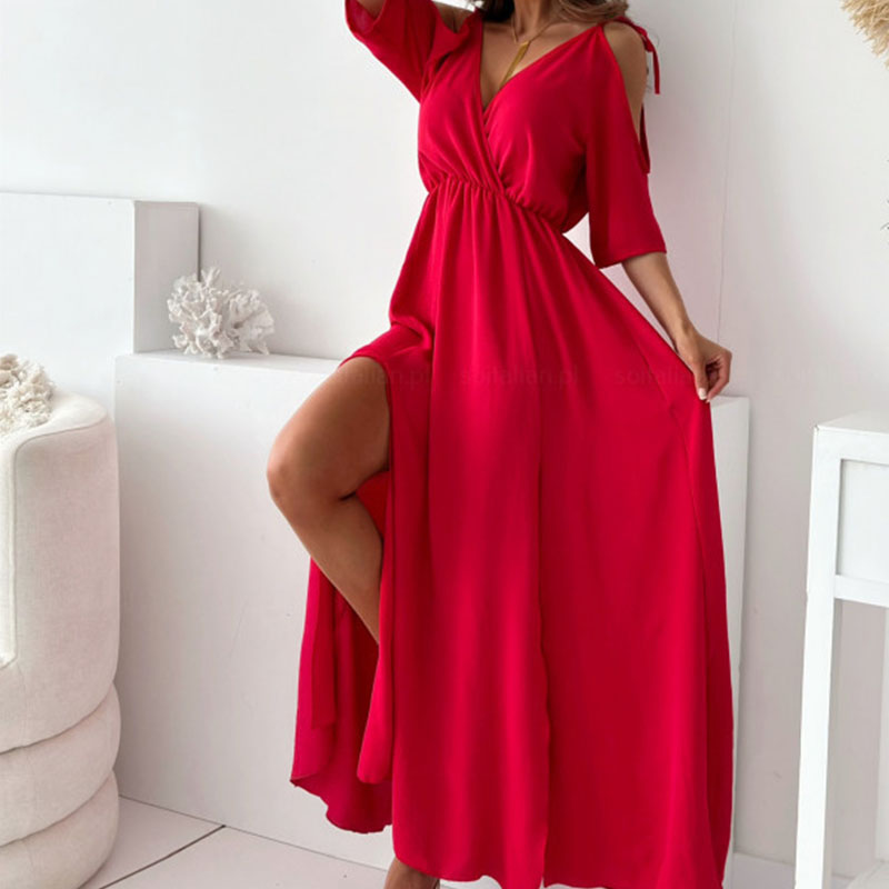 Sexy Lady V Neck Hollow High Waist Dress Casual Solid Color Pleated Commuting Dress Summer Loose Short Sleeved Beach Long Dress