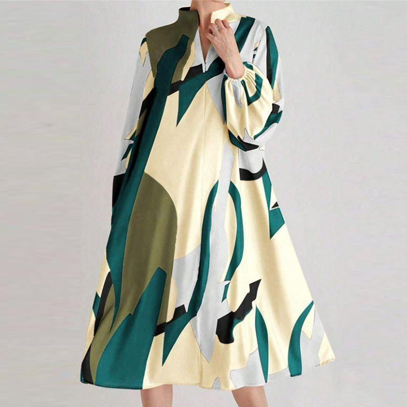 Autumn And Winter Pattern Printed Loose Midi Dress Sexy Ladies V Neck Pleated Commuting Dress Elegant Long Sleeved Party Dresses