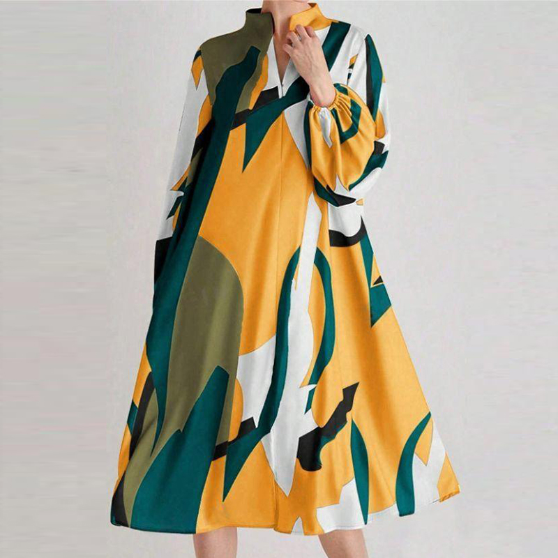 Autumn And Winter Pattern Printed Loose Midi Dress Sexy Ladies V Neck Pleated Commuting Dress Elegant Long Sleeved Party Dresses