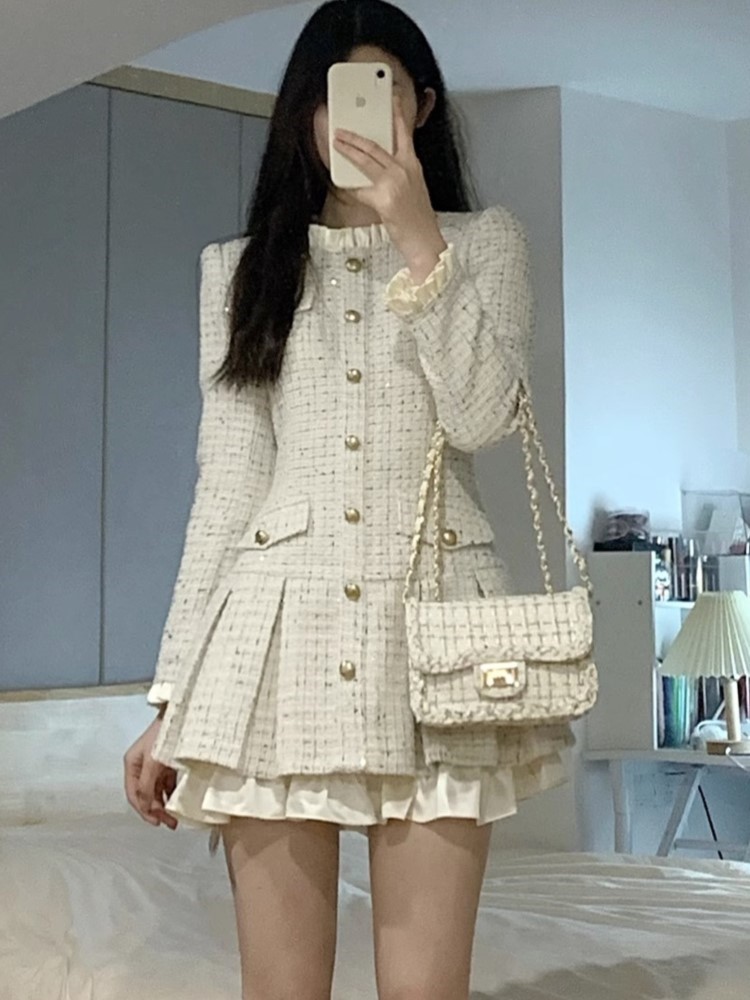 French Vintage Coat Dresses for Women Long Sleeve O-neck Ruffles A-line Short Dress Autumn Spring Korean Chic Vestidos Mujer New