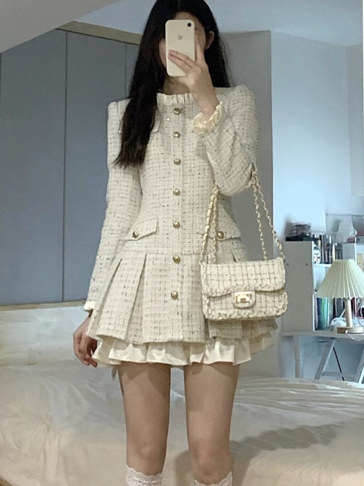 French Vintage Coat Dresses for Women Long Sleeve O-neck Ruffles A-line Short Dress Autumn Spring Korean Chic Vestidos Mujer New